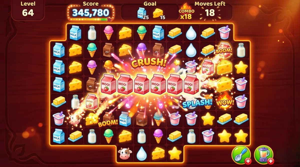 Colourful match-3 puzzle game grid with branded dairy product icons, DC Crush advergame for Engro Foods Olper's